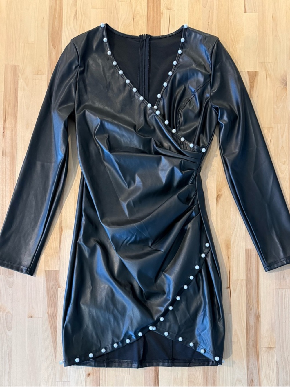 SHEIN Black Faux Leather Pearl-Trim Mini Dress Never Worn
